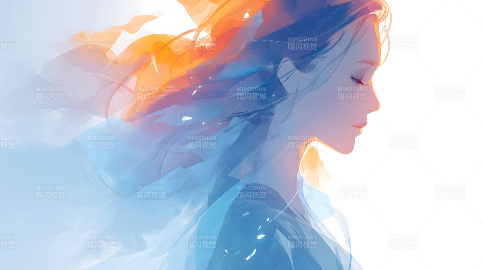 水彩风格的女性侧影与飘逸发丝图片