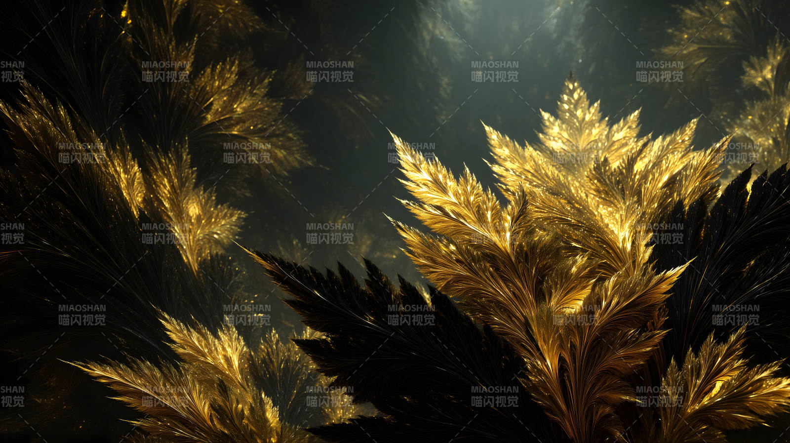 金色羽毛在黑暗背景中闪耀图片