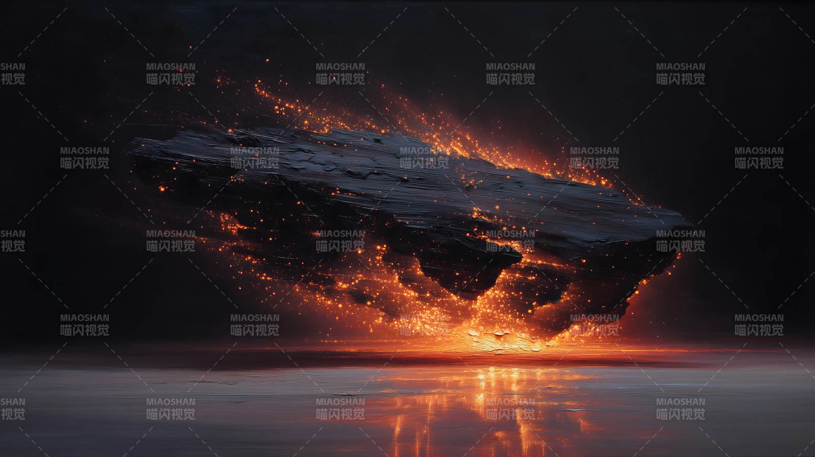 燃烧巨石漂浮于水面之上图片