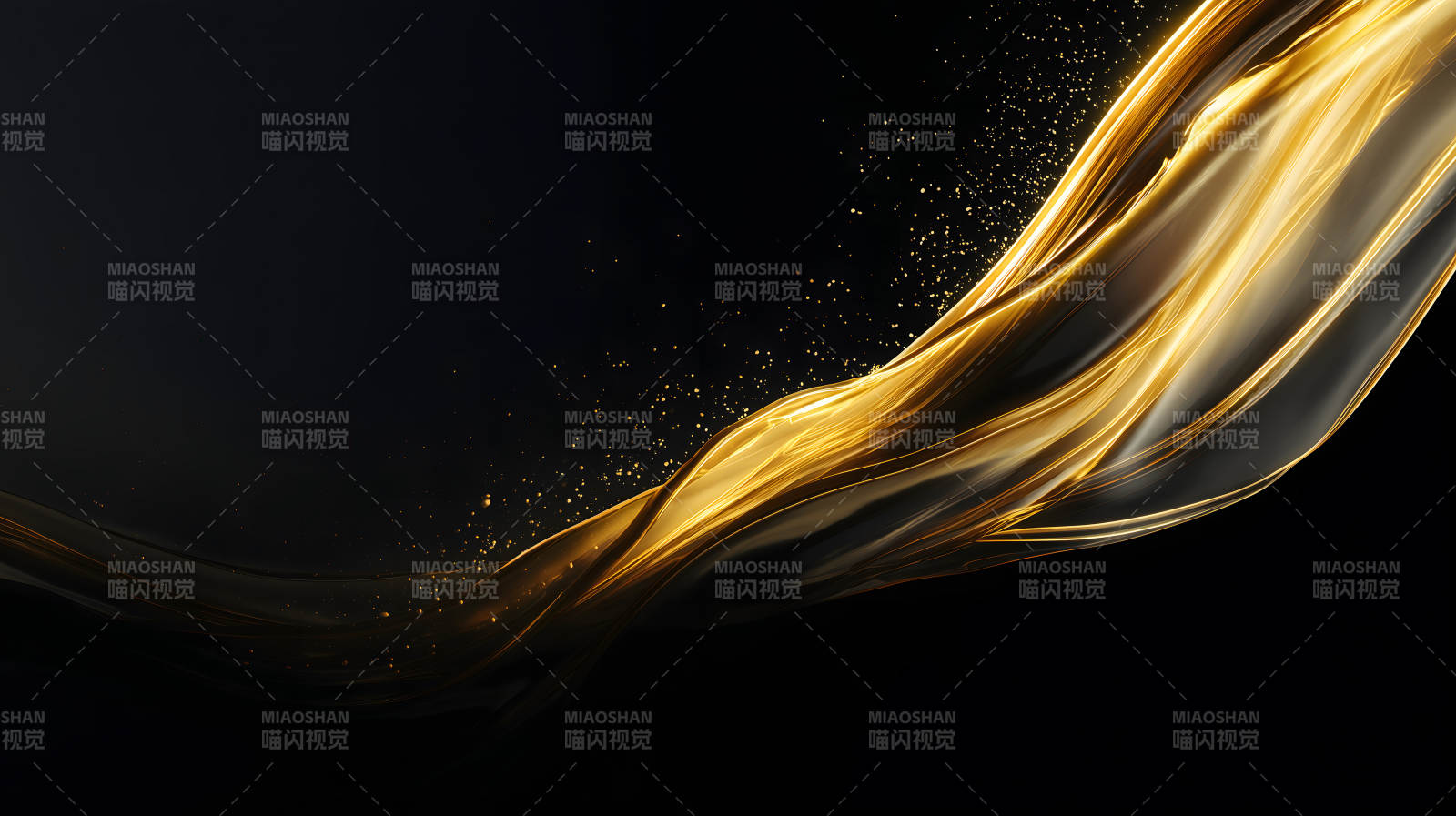 金色丝带飘逸在黑色背景中图片