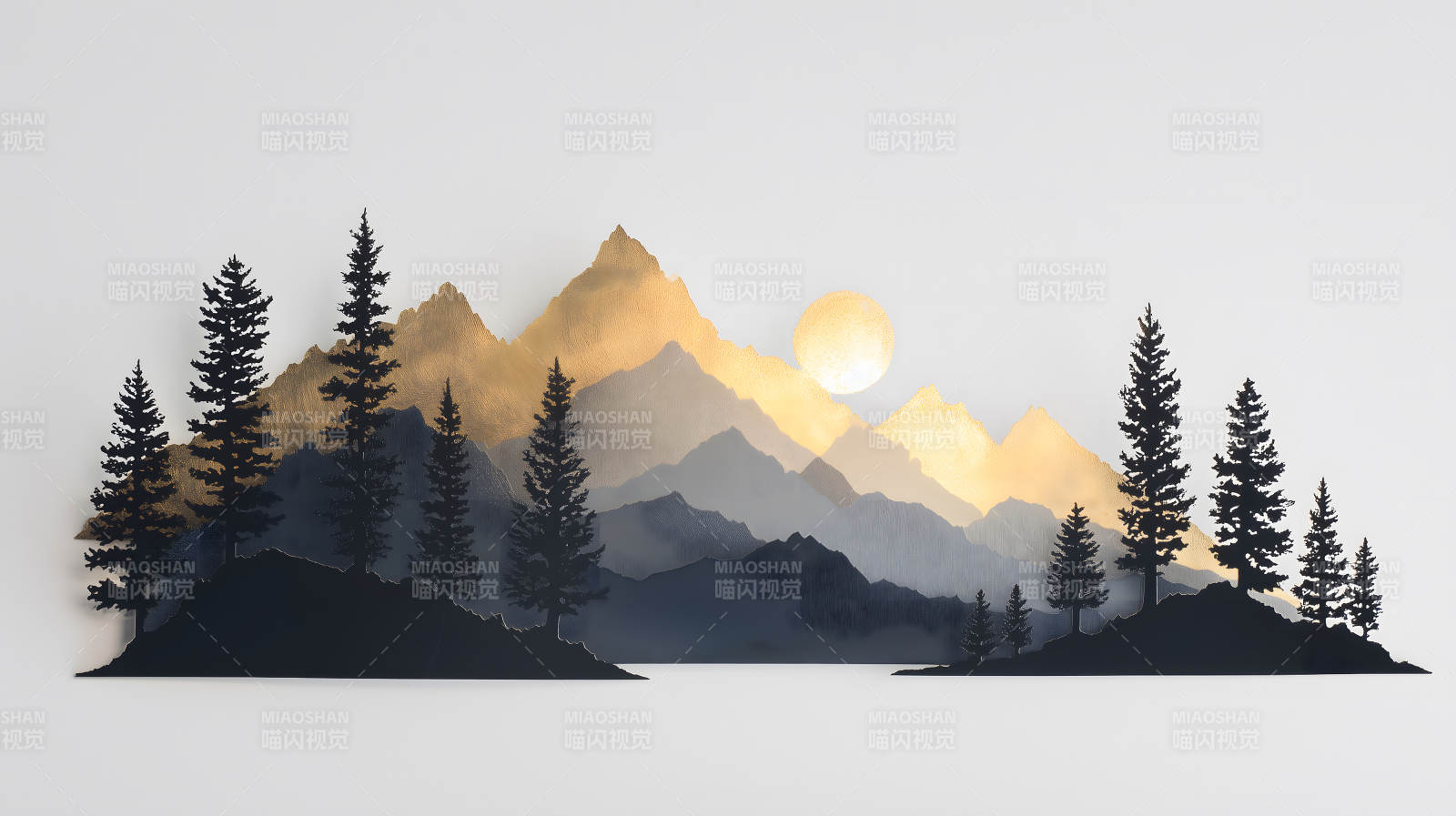 金色山脉树木剪影日落图片