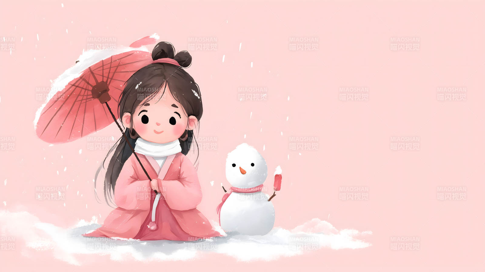女孩和雪人雪中场景图片