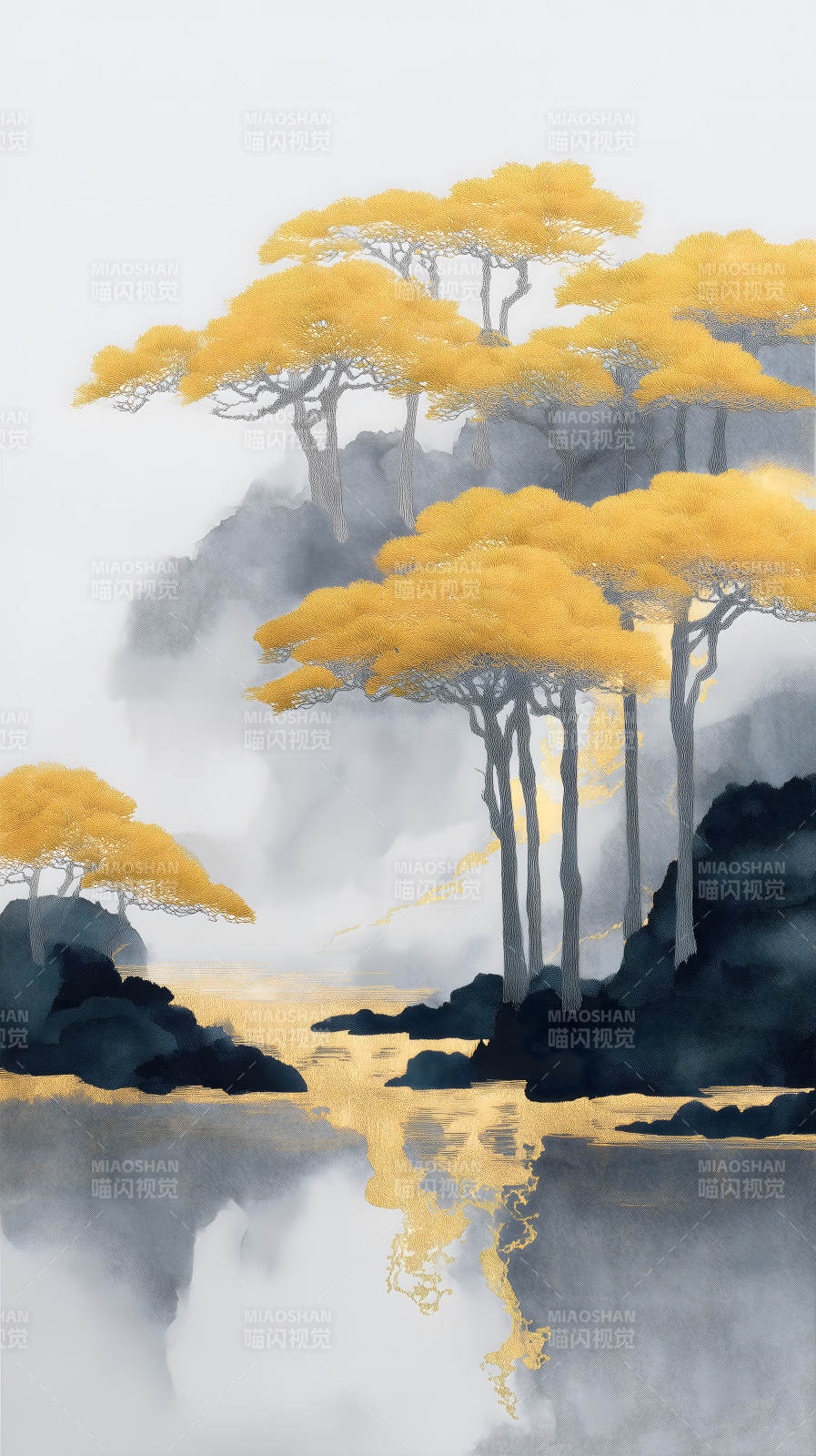 金色树木映衬水面意境幽深图片