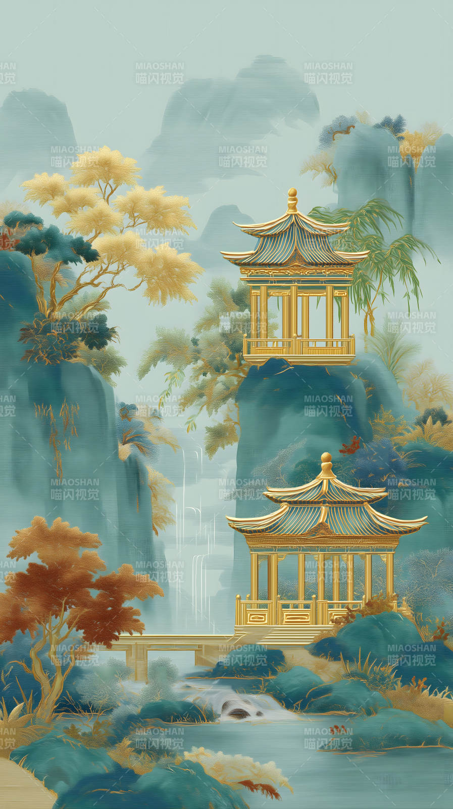 东方仙境风景画亭台楼阁山水画图片