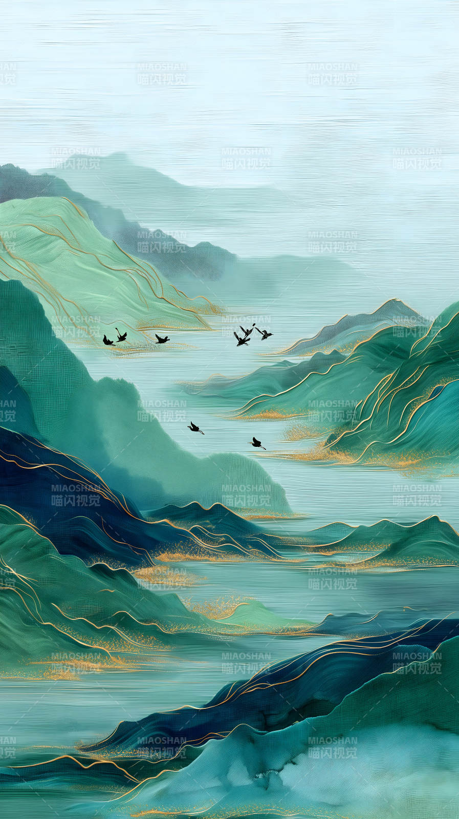 水墨山水画鸟儿飞翔云雾缭绕图片