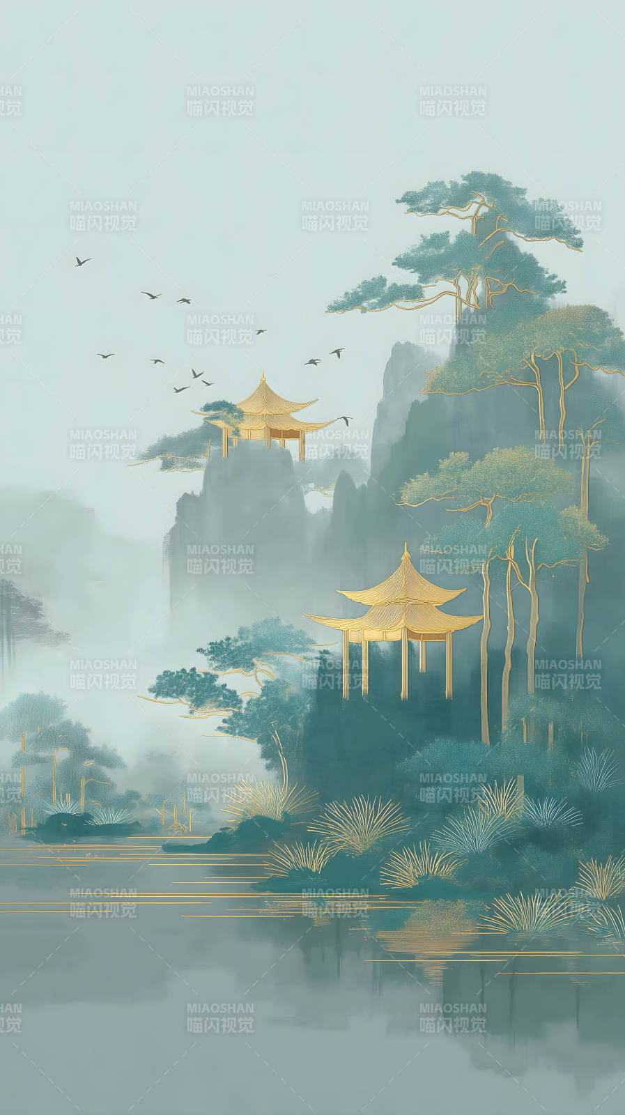 水墨山水画亭台楼阁云雾缭绕图片