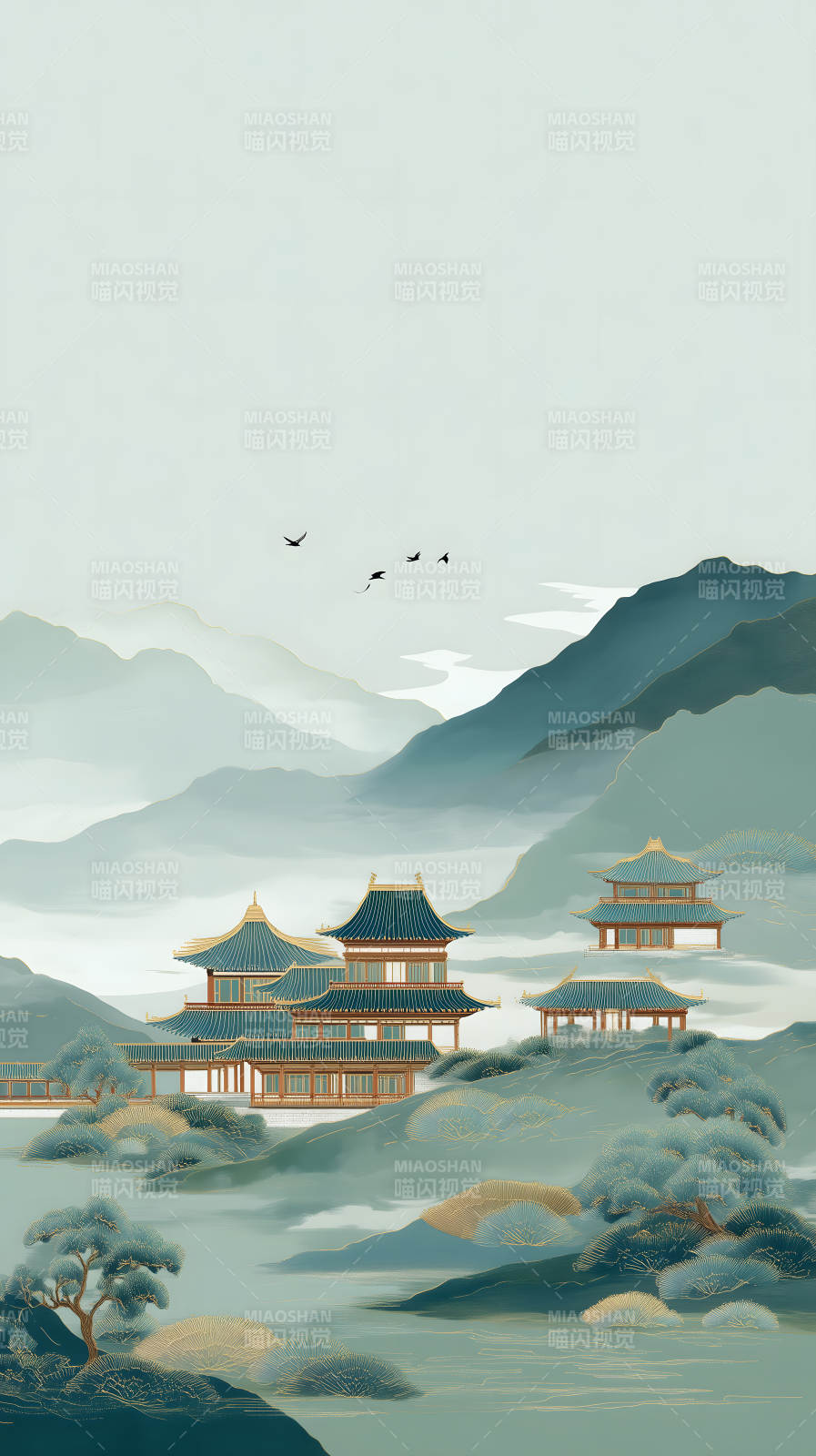 中国风山水画古色古香建筑图片