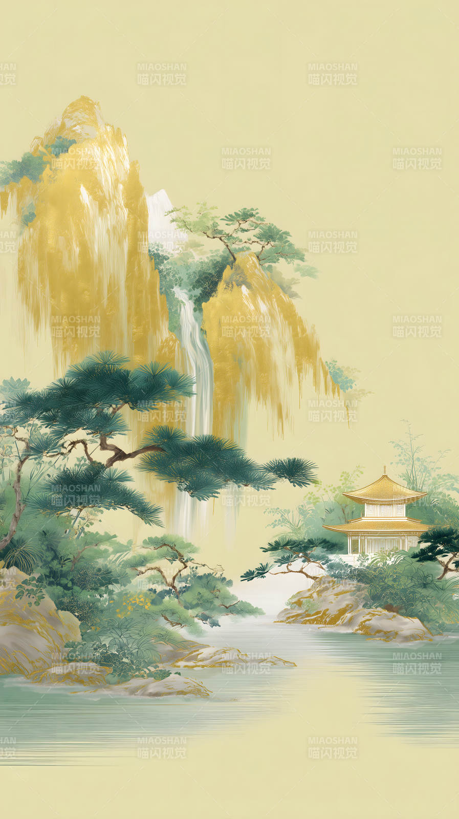 山水画金山水瀑布寺庙图片