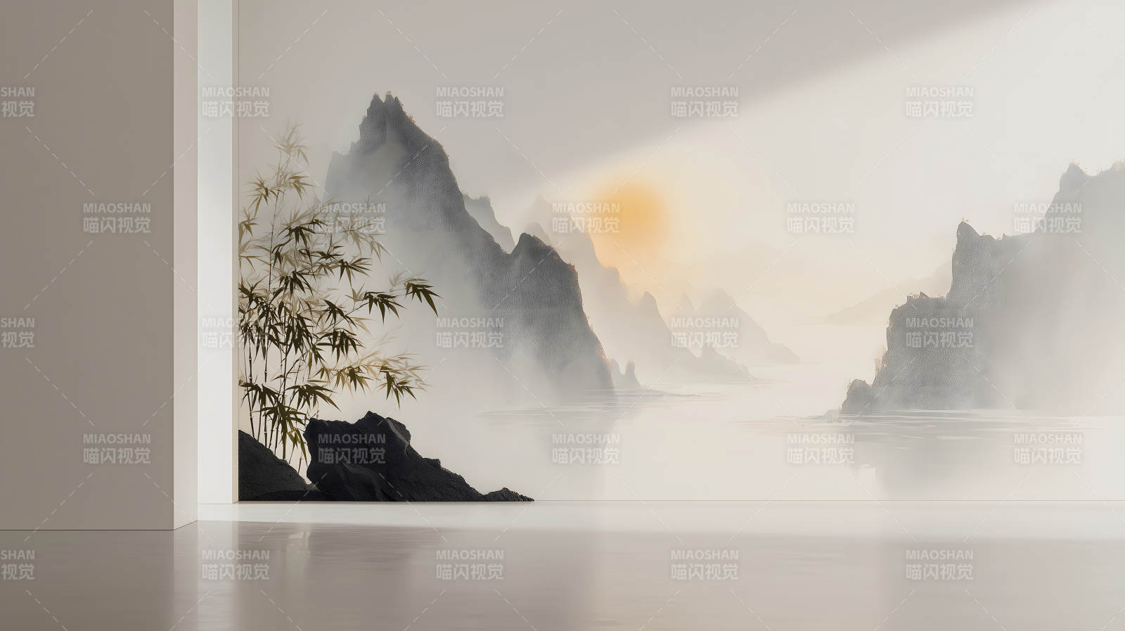 墙绘山水意境悠远竹影婆娑图片