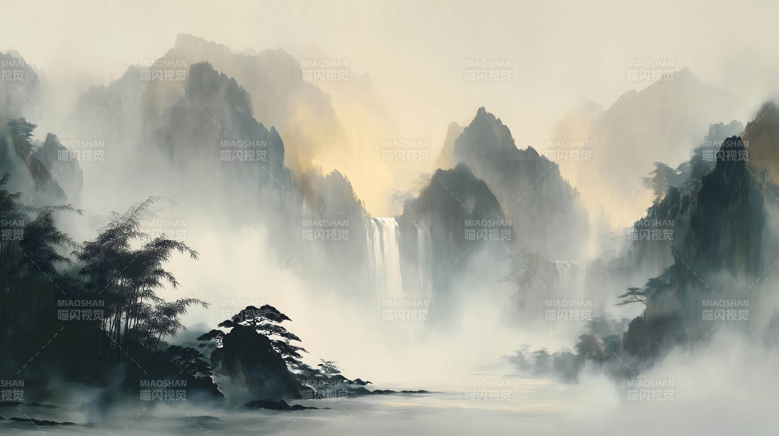 山水画意境瀑布云雾缭绕图片