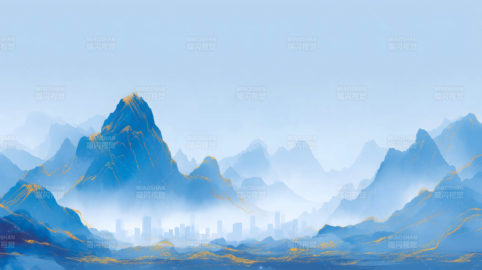 山水城市蓝调风光图片