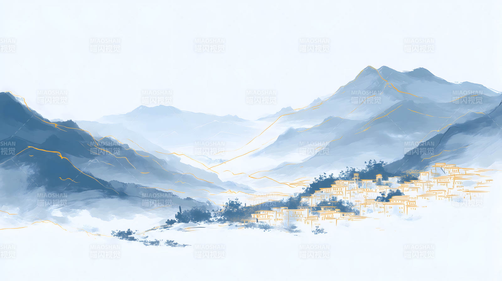 山水画风格的村落景象图片