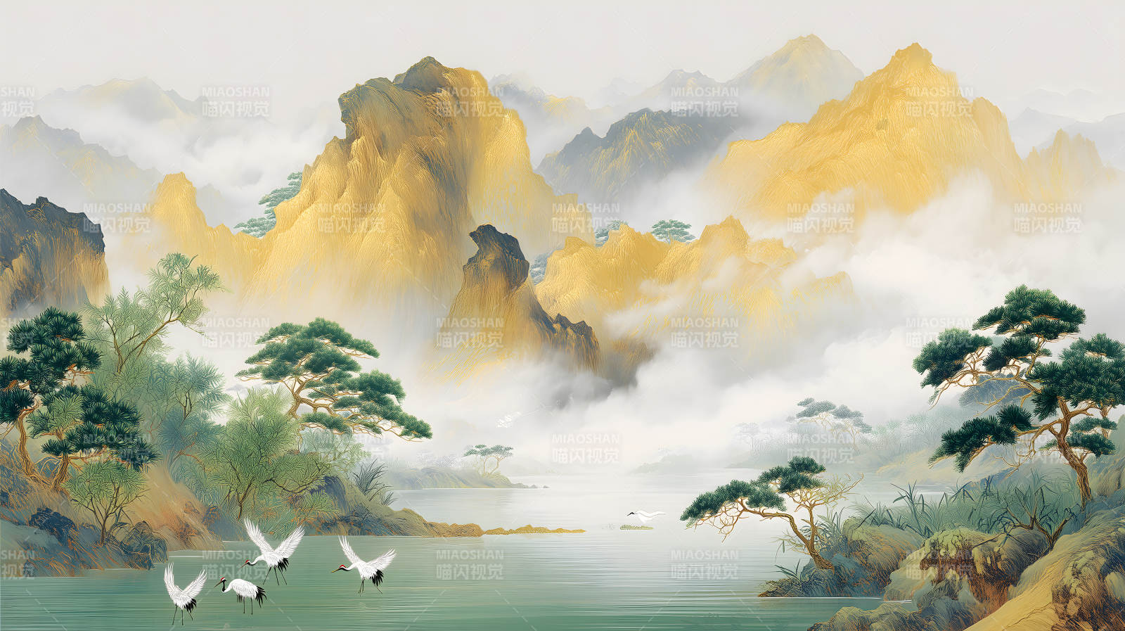 山水画卷仙鹤飞舞景色宜人图片