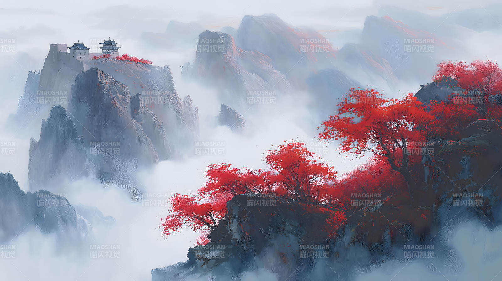 山水之间红叶点缀宛如仙境图片