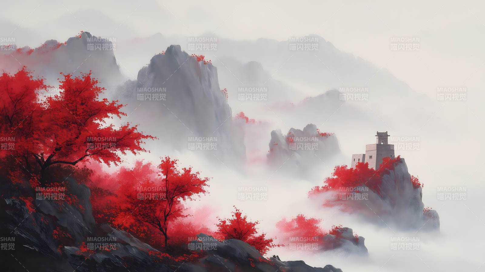 红叶山水画景色壮丽迷人图片