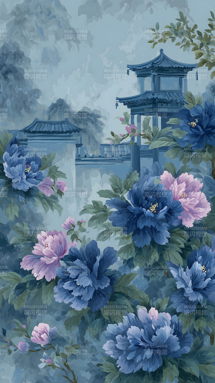 蓝花粉花衬景中式建筑图片