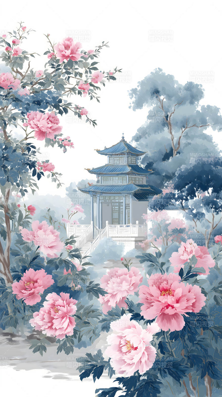 东方庭院花团锦簇图片