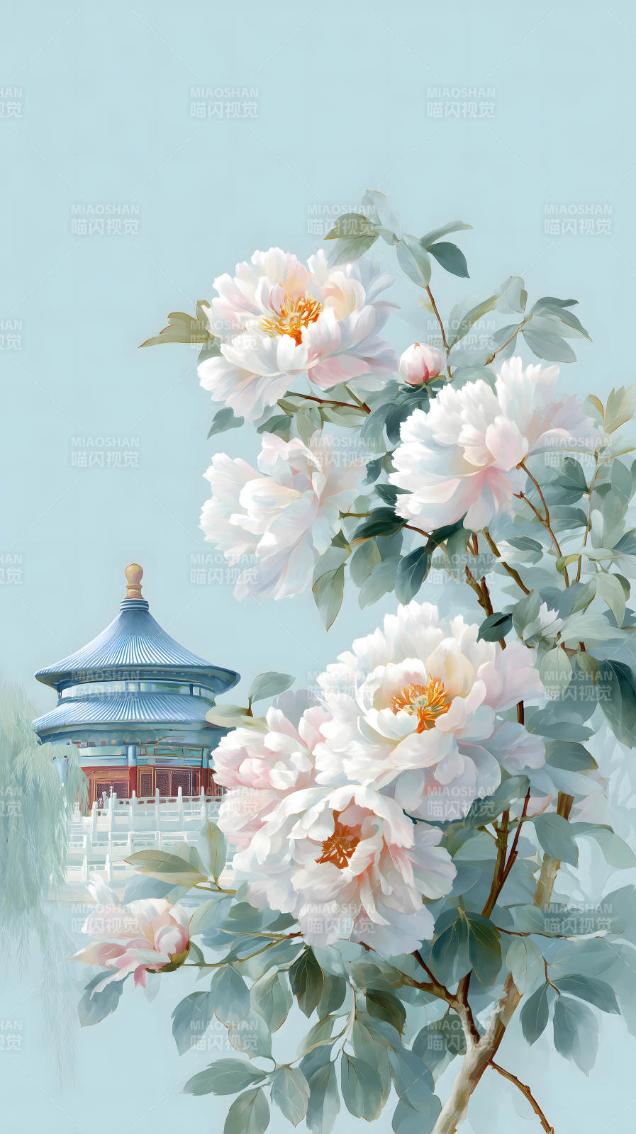 中国风亭台与牡丹花图片