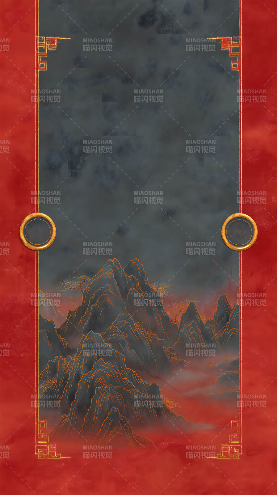 山水意境红墙装饰画图片