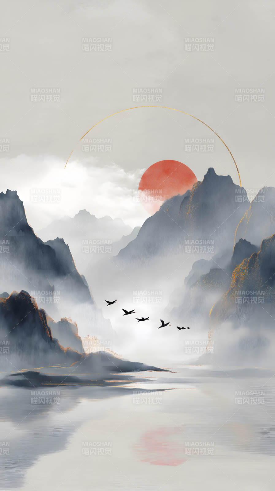 山水画意境夕阳下的飞鸟图片