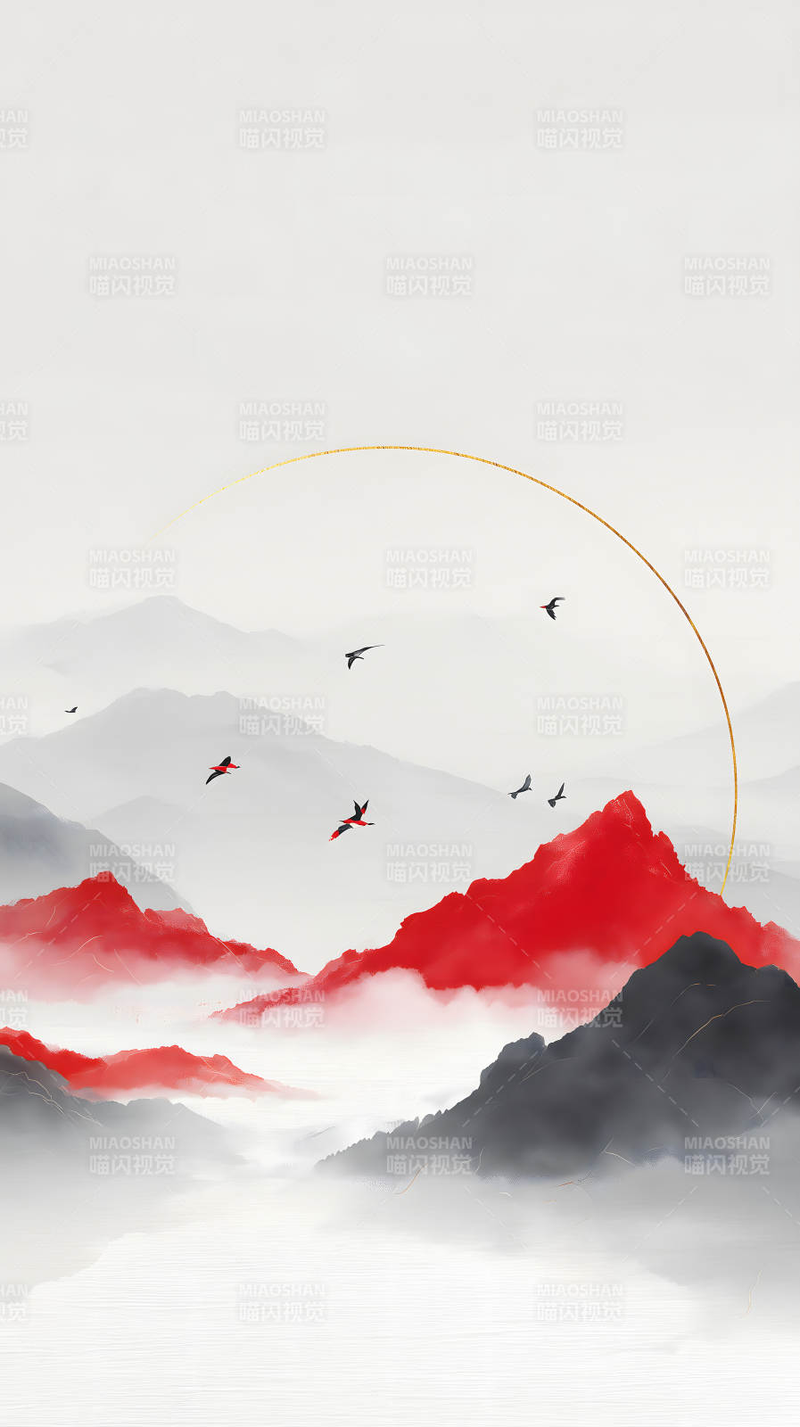 水墨山水画鸟儿飞翔图片