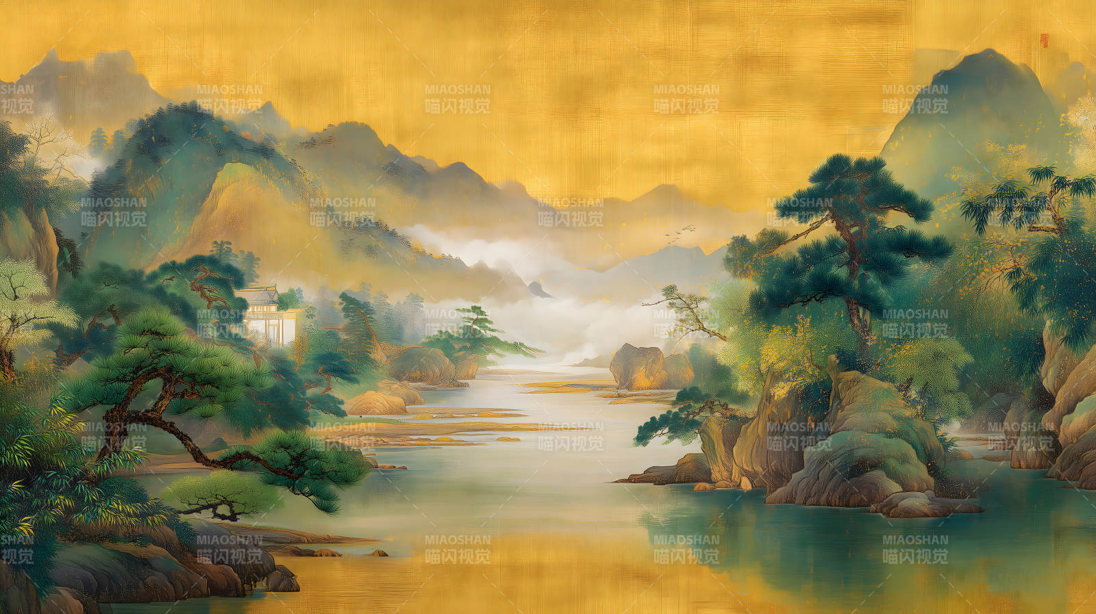 山水画卷金光闪耀意境悠远图片