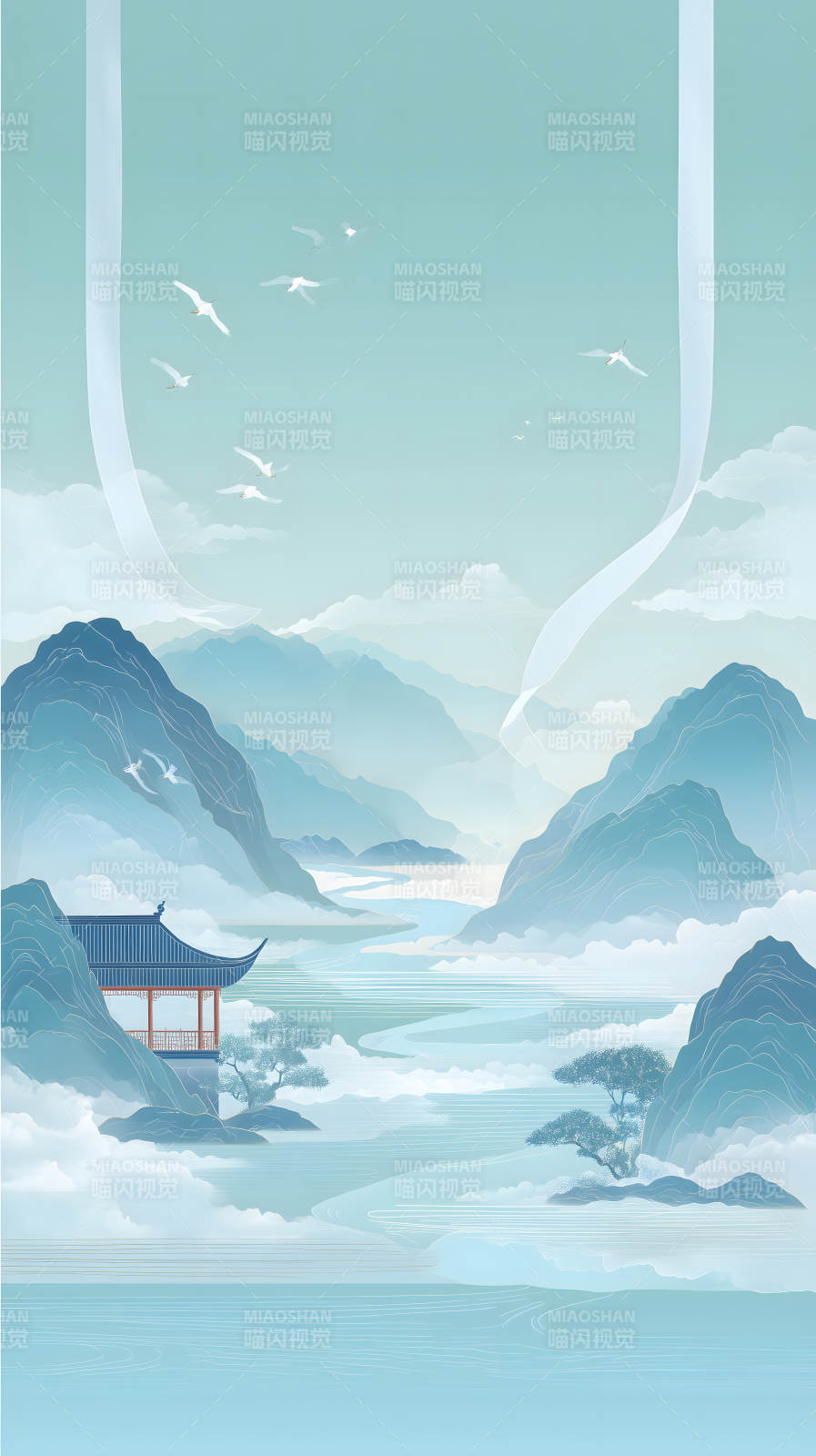 水墨意境山水图飞鸟白云图片