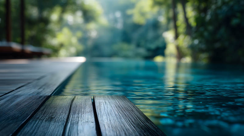 泳池木板森林背景水面波光粼粼图片