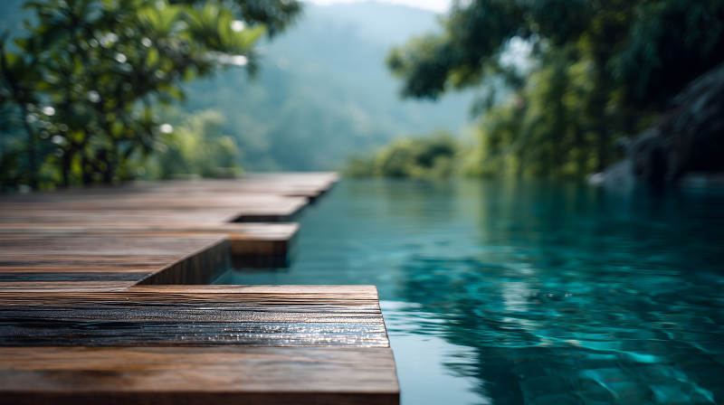 木质平台与碧水相接山水环绕风景图片