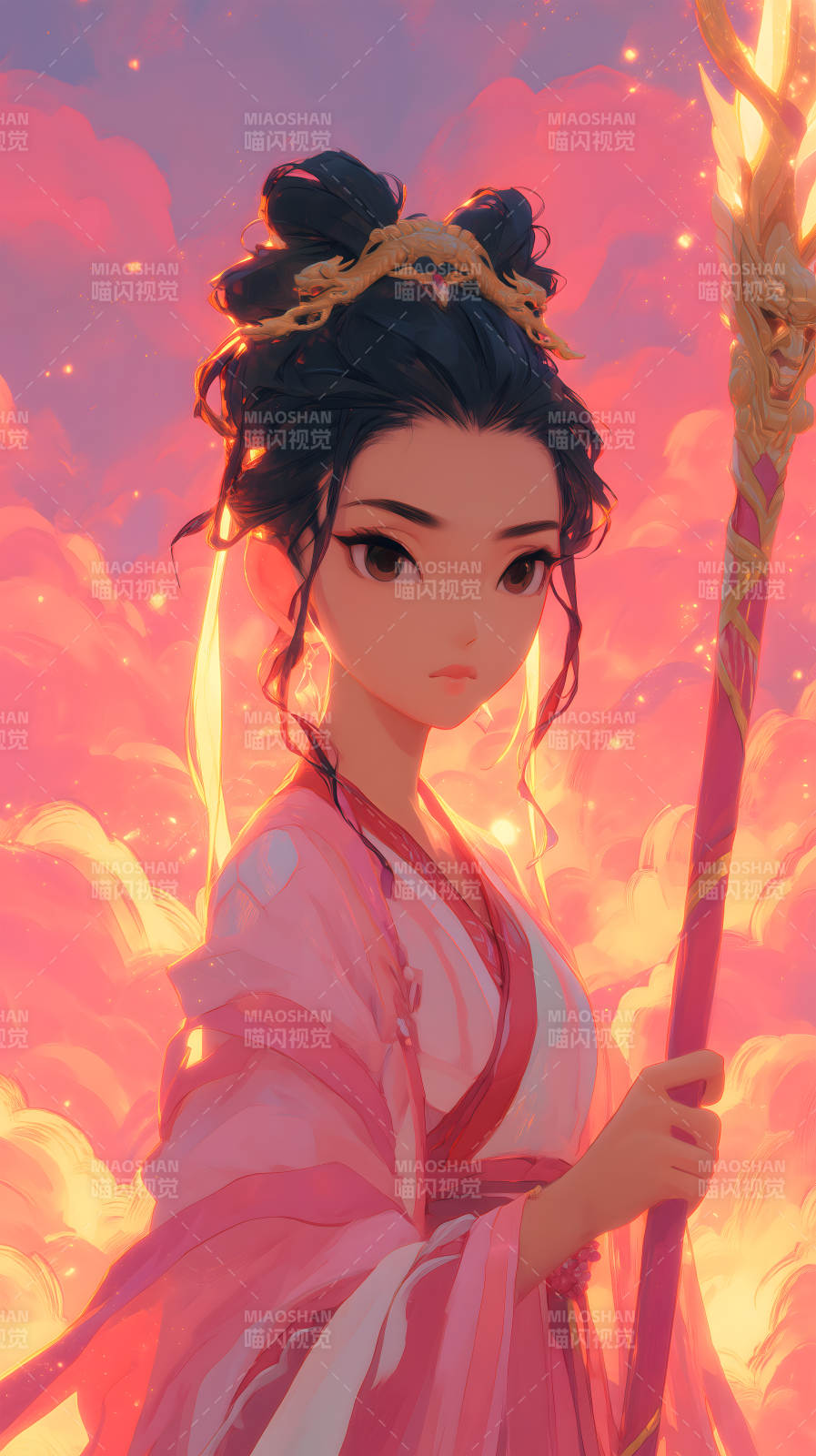 粉色云霞中的东方女子图片