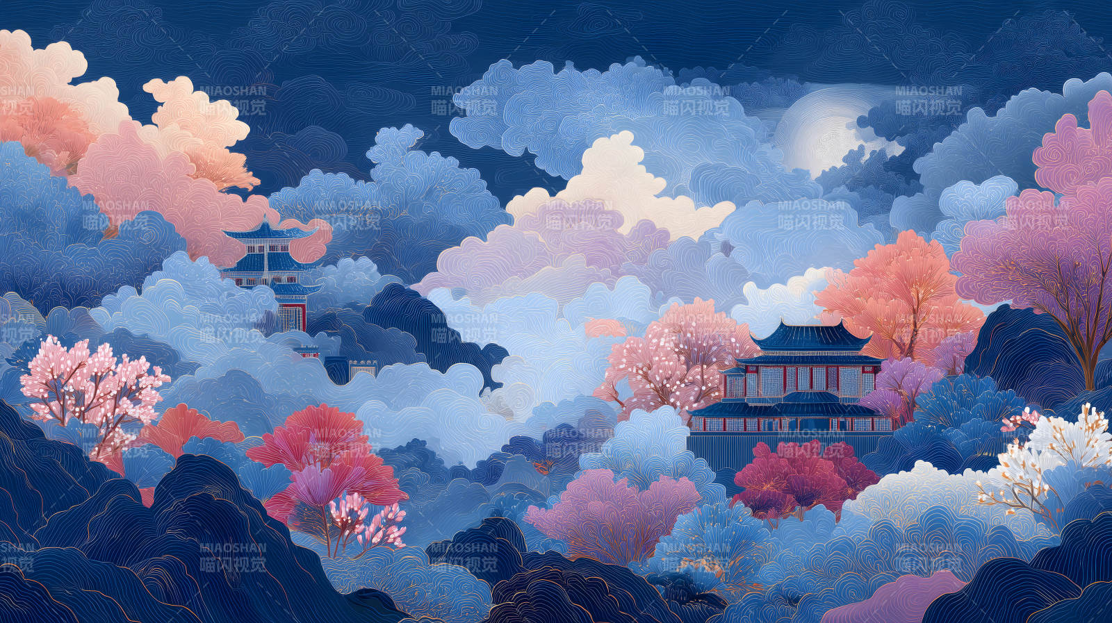 东方古韵山水画楼阁云雾间图片