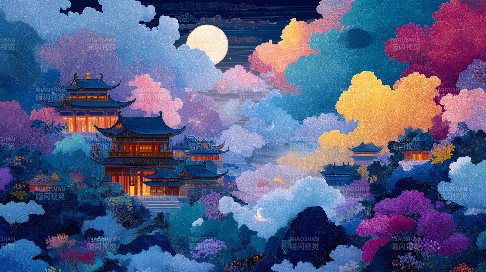 夜幕下的东方宫殿与祥云图片