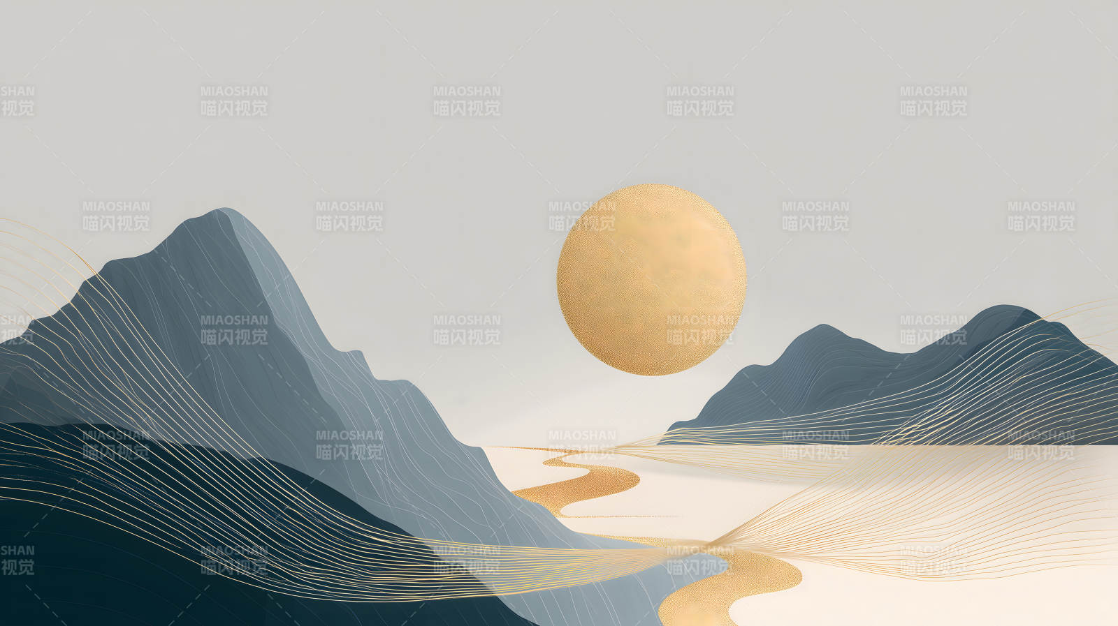 山水之间金色太阳的唯美意境图片