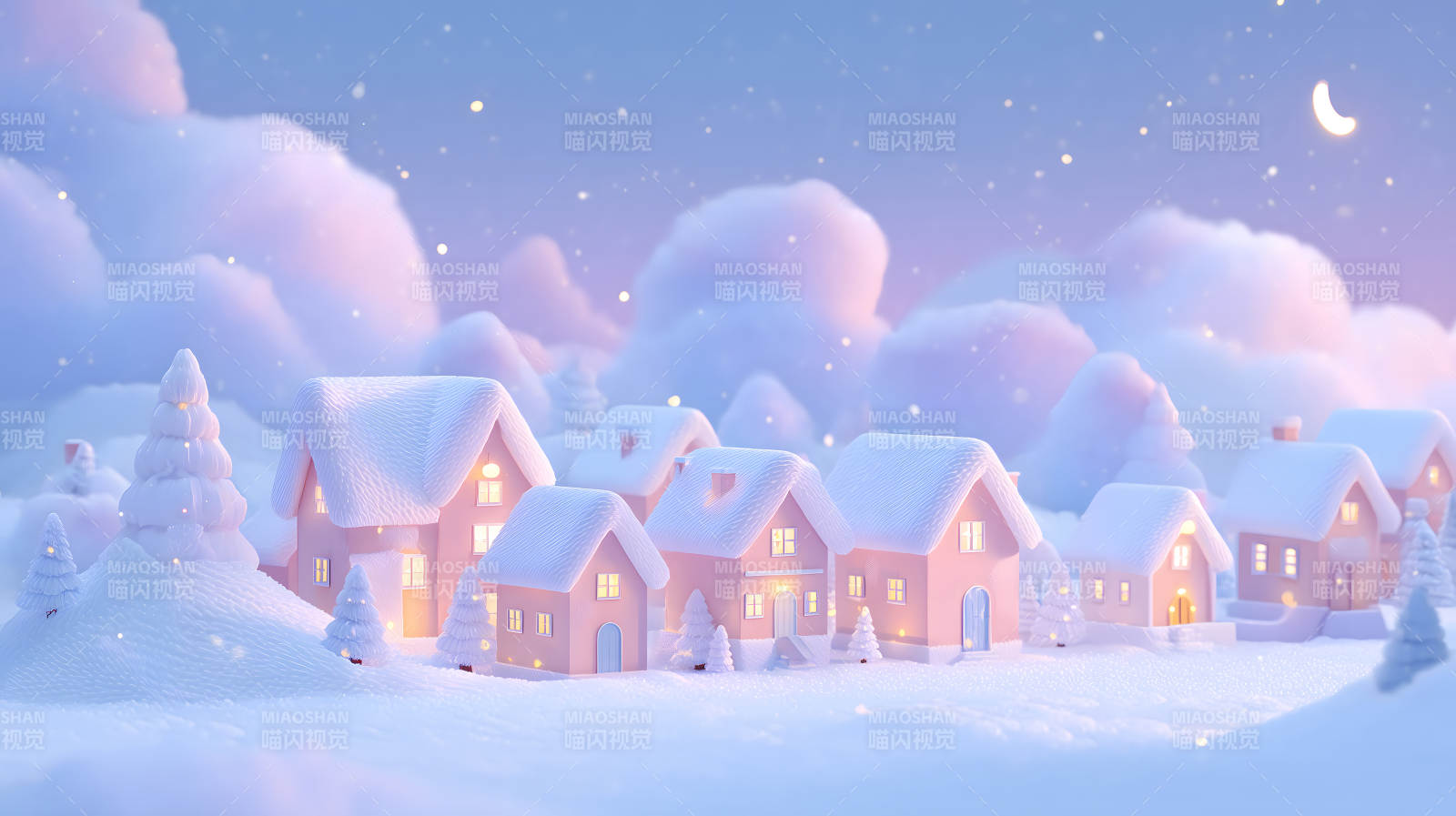 粉色雪屋夜景梦幻唯美图片