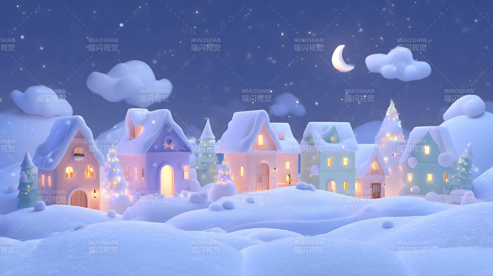 梦幻雪夜小镇温馨浪漫场景图片