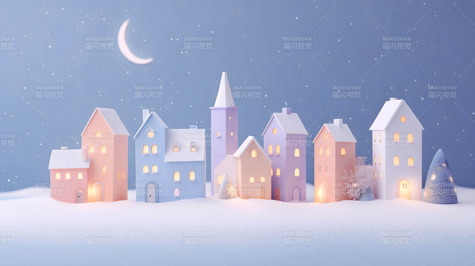 梦幻的童话小镇在雪夜中闪耀图片