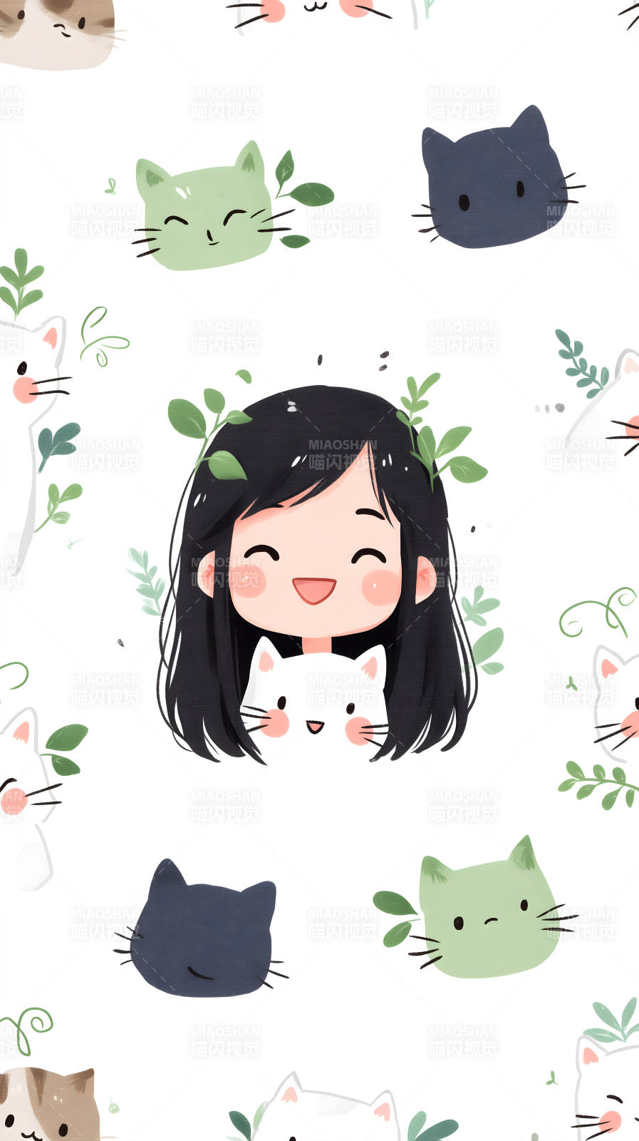 女孩和猫咪的可爱插画图片