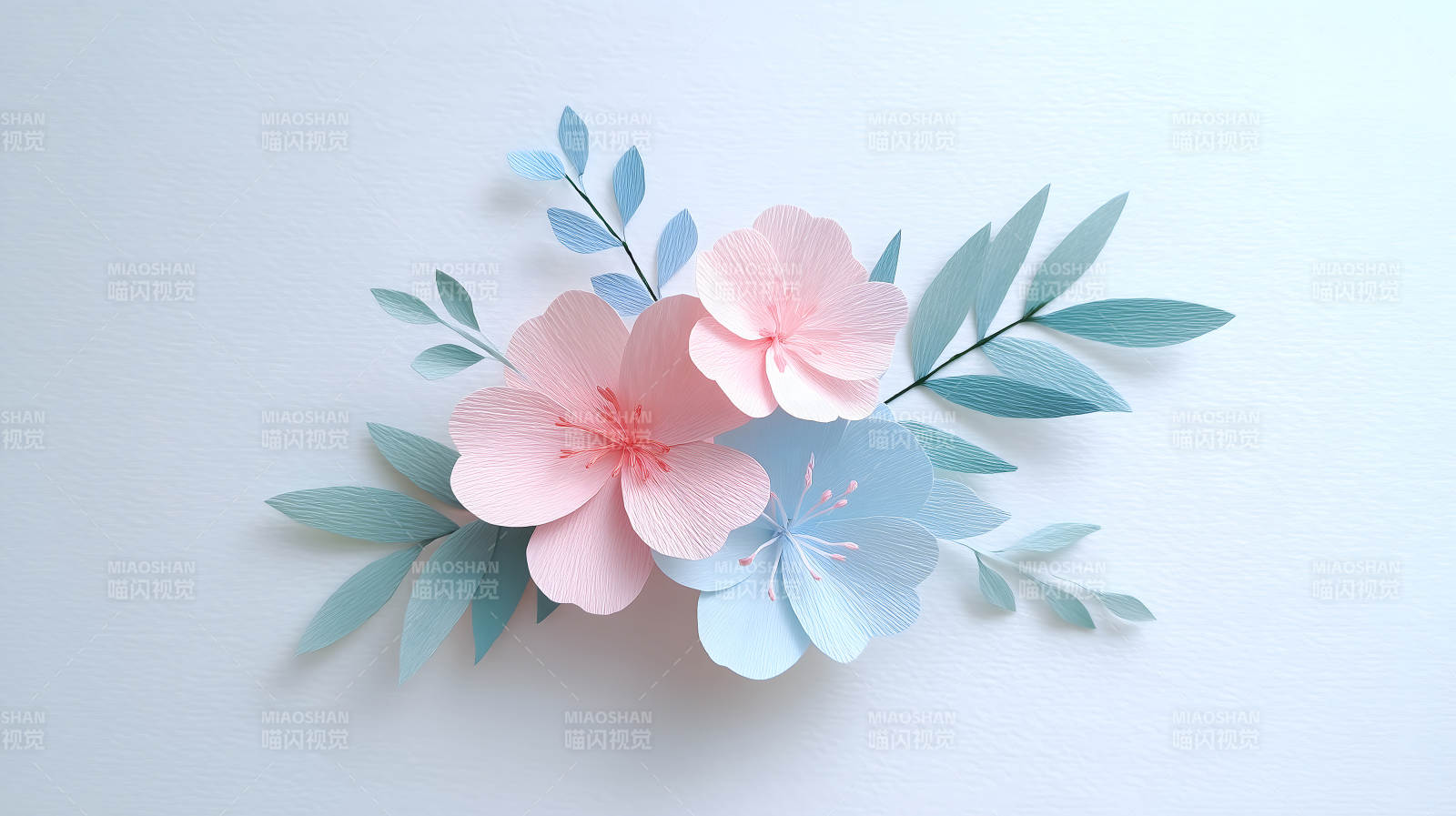 粉色蓝色纸花搭配绿色叶子图片