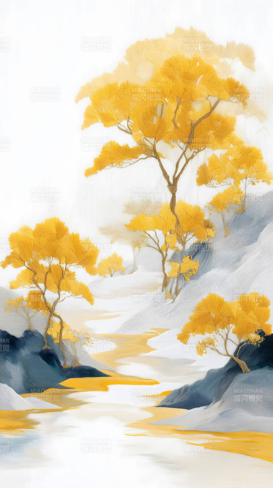 金色秋景山水画风艺术作品图片