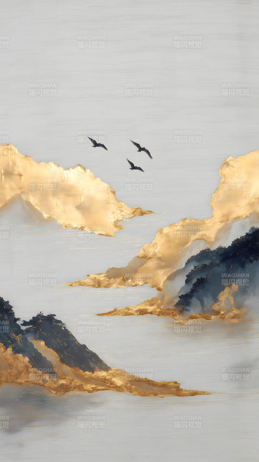 金色山峦与飞鸟的意境图图片