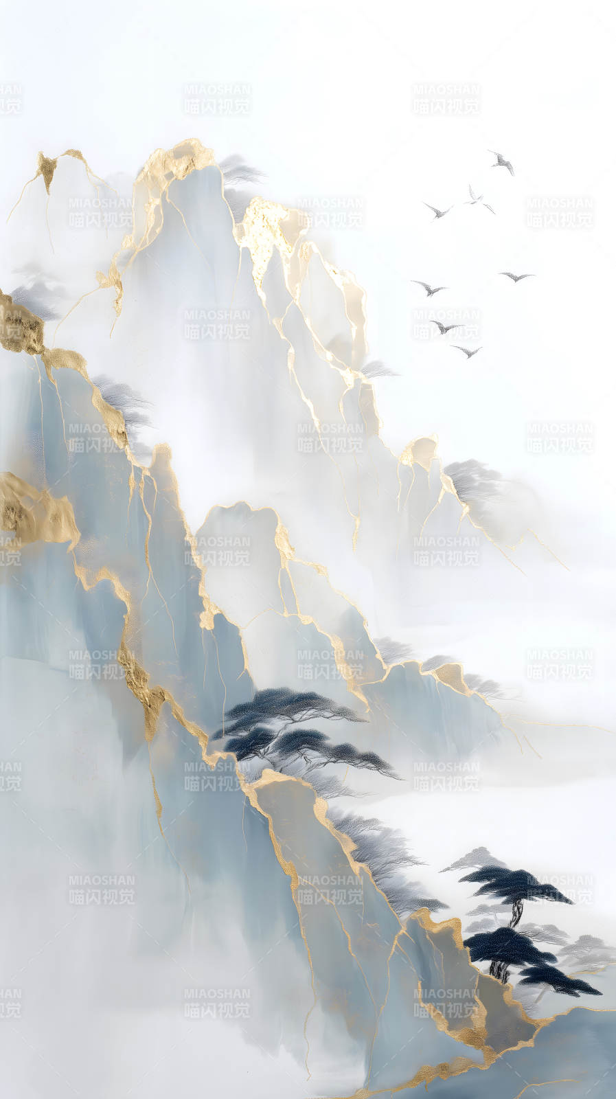 水墨山水画金边鸟飞翔图片