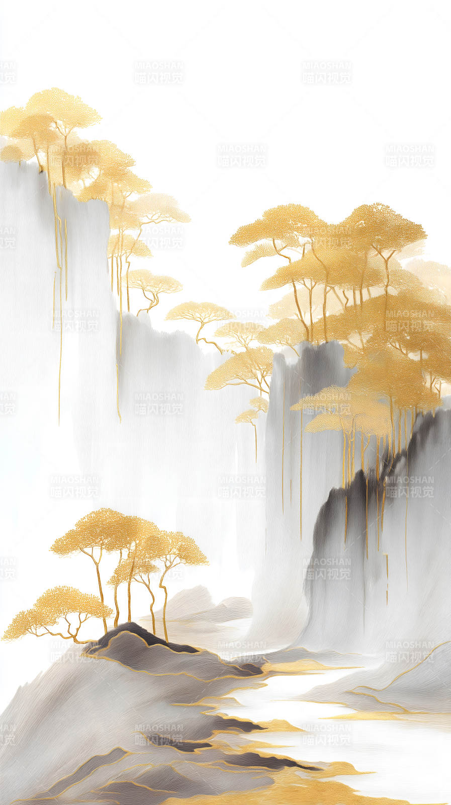 金色树木山水画图片