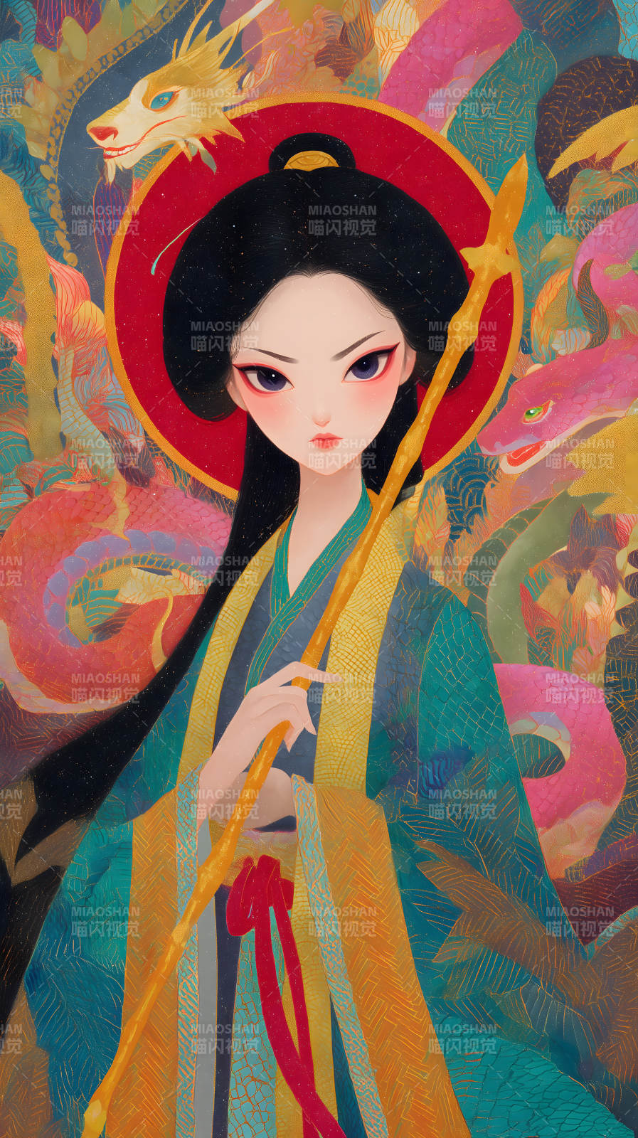 东方风格的仕女持杖画像图片