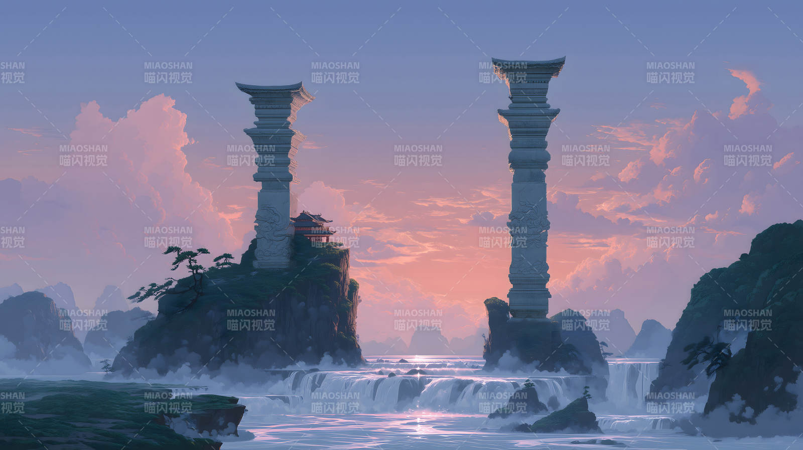 仙境山水之间柱立云雾缭绕图片