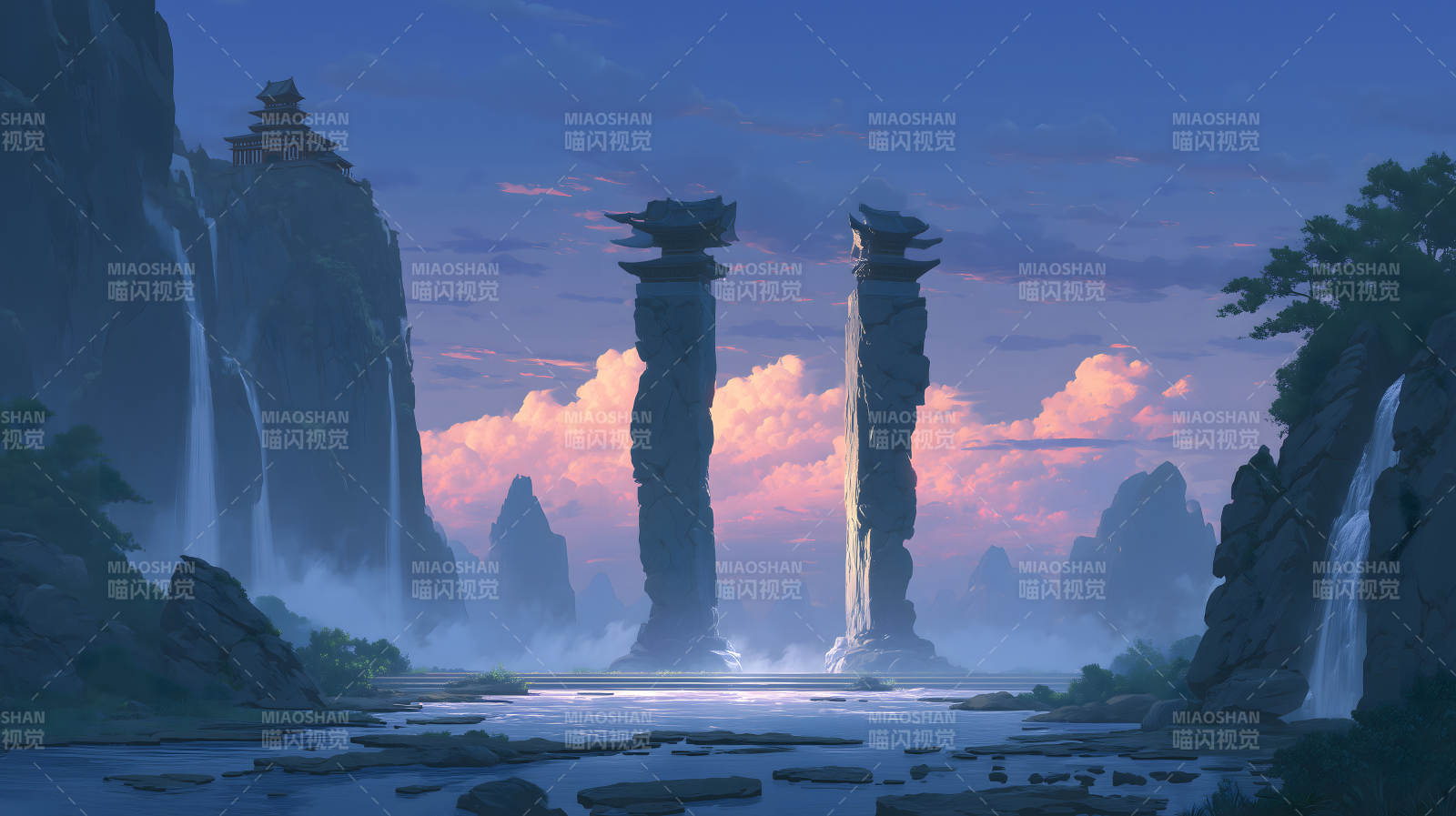 夕阳下的山水景观亭台耸立云雾缭绕图片