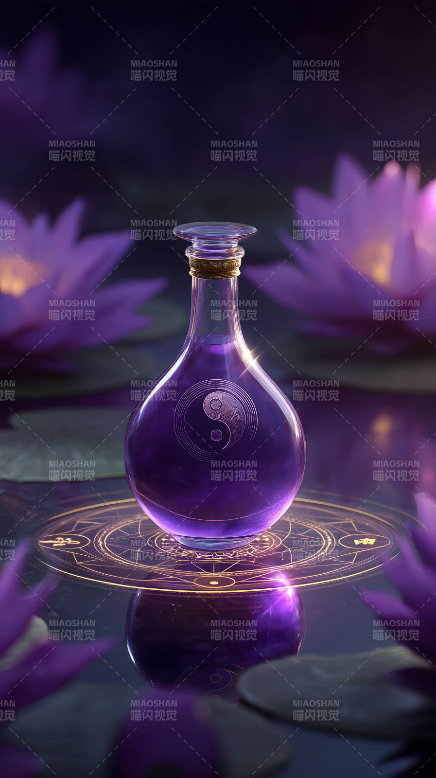 神秘药剂置于水中莲花环绕图片