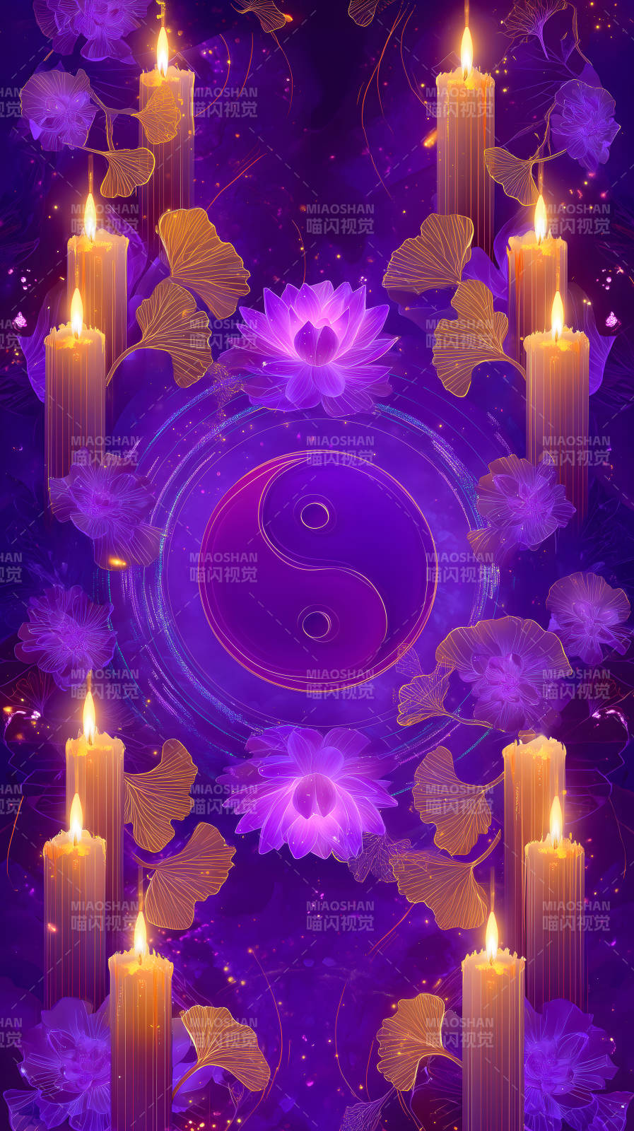 紫色烛光与阴阳莲花图片