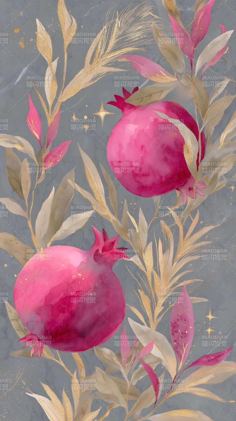 粉色石榴与金色叶子装饰图片