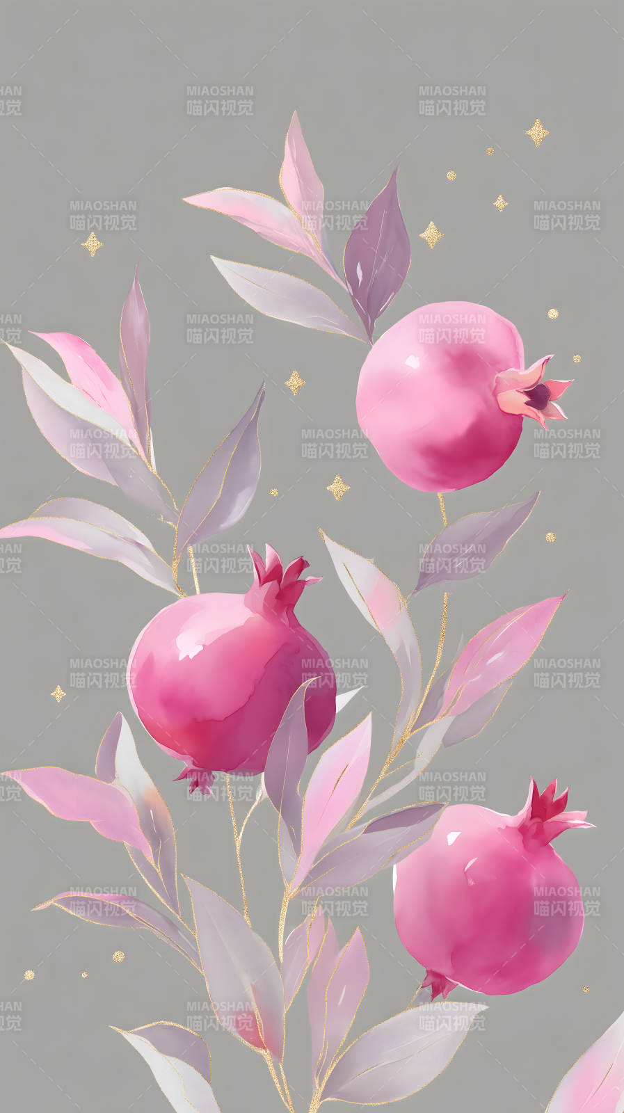 粉色石榴和叶子的水彩画图片