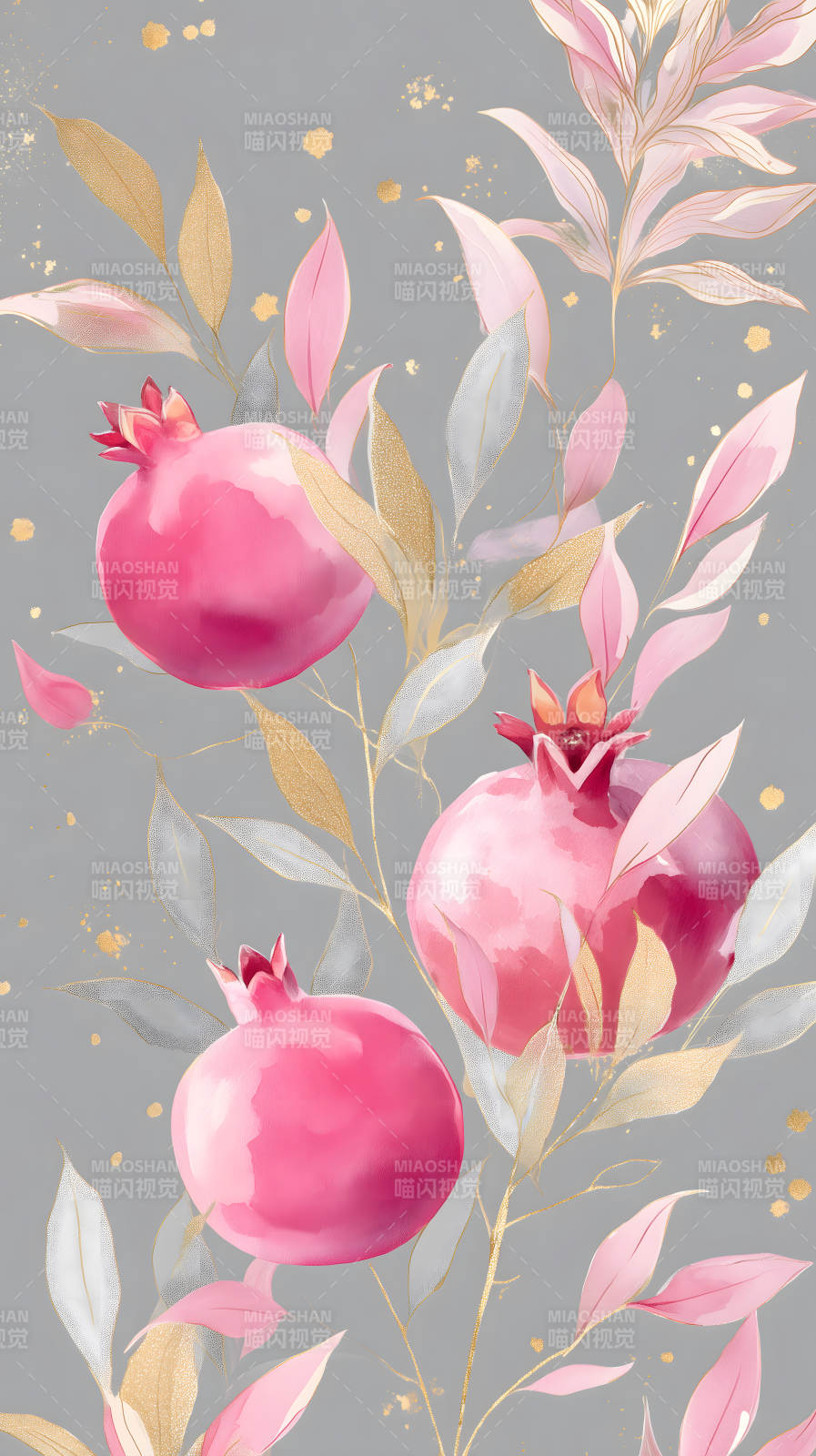 粉色石榴与金色叶片的优雅画作图片